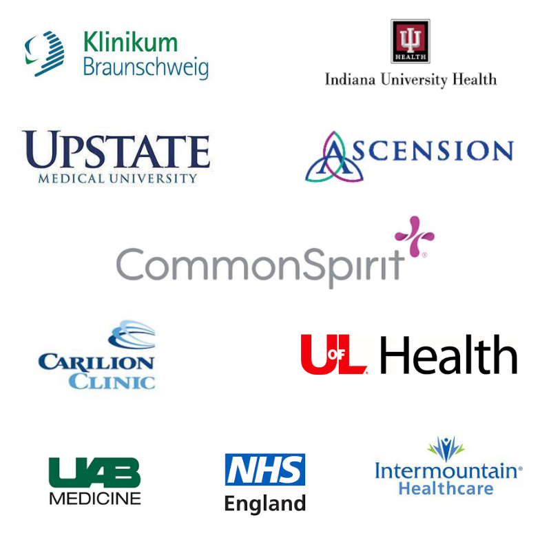 Customer logos -- common spirit, ascension, carilion clinic, intermountain healthcare, klinikum braunschweig, nhs england, upstate medical, iu health, u of l health, uab medicine