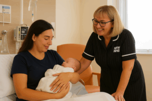 maternity ward nurse with patient holding infant baby