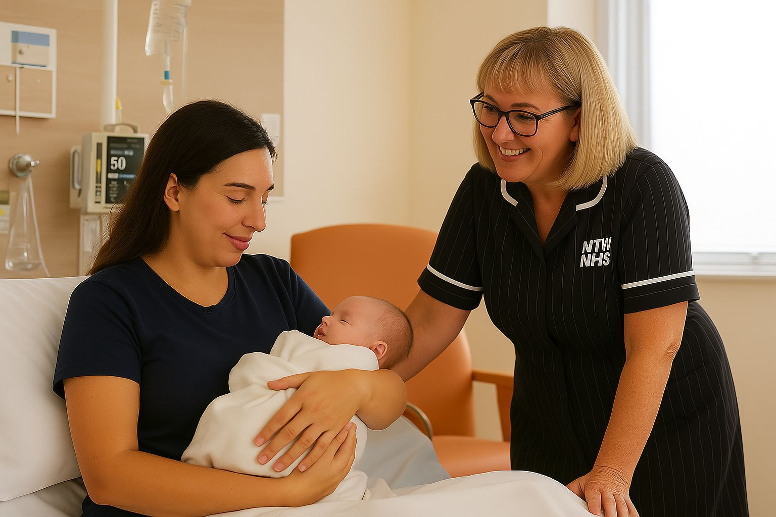 maternity ward nurse with patient holding infant baby